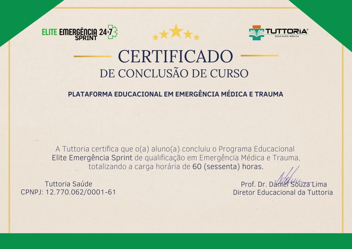 Modelo do certificado de conclusão do Elite Emergência Sprint, com carga horária de 60 horas